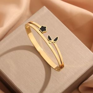 Bracelet jonc en acier inoxydable plaqué or 18 carats, motif trèfle et coquillage, pour femme - Vente en gros - Product Image 5