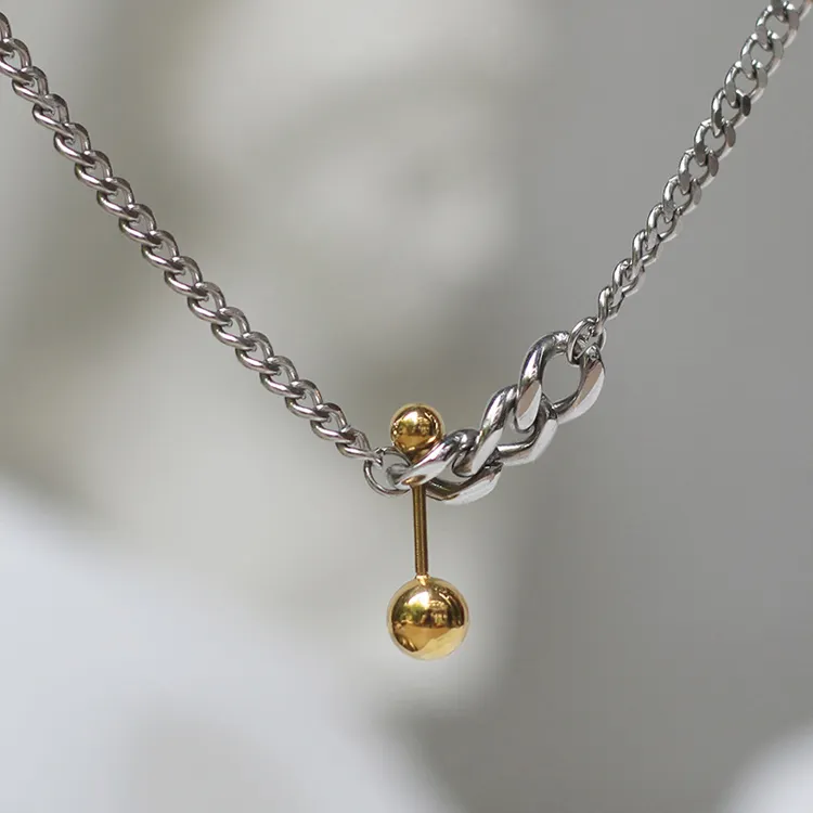 Two tone gold silver balance ball thick link chain necklace stainless steel cuban chain necklace colar cubano for girls woman