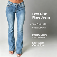 Jeans évasés rétro pour femmes, taille basse, en denim délavé, style tenue pour le thé du dimanche