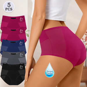 High Waisted Period <b>Panties</b> Cotton Crotch Leak Proof Menstrual Underwear For Women Solid Color Knitted <b>Nylon</b> Spandex 5 Pcs - Product Image 1