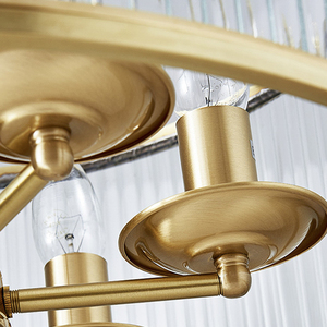 Lustre moderne en laiton et verre, luminaire suspendu <span class=keywords><strong>LED</strong></span> <span class=keywords><strong>E14</strong></span>, verre nervuré en forme de tambour, lampe de plafond pour salle à manger, bureau, décoration intérieure - Product Image 4