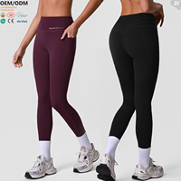 Celana Olahraga Wanita Warna Solid dengan Logo Custom, Kontrol Perut, Bentuk V, Pengangkat Bokong, Pinggang Tinggi, dan Kantong Samping