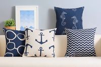 Housse de coussin en lin bleu marine et blanc de haute qualité pour canapé, décoration intérieure, motif ancre nautique