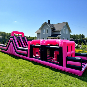 Castillo inflable comercial para niños con tobogán, pista de obstáculos inflable gigante de color rosa para adultos - Product Image 1