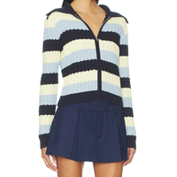 Cardigan Femme Personnalisé OEM en Gros, 100% Coton, Col Zippé, Rayé, Tricot Ouvert, Style Preppy, Boutique Sportive, Pulls Tricotés pour Femmes
