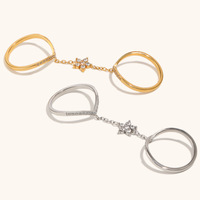 18K Vergoldeter Edelstahl Doppel-Fingerring CZ Strass Kette Statement-Ring für Damen Modeschmuck Großhandel