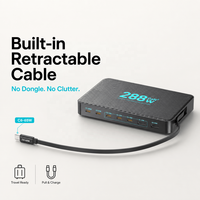 Station de charge électrique USB C 288W GaN, chargeur de bureau 8 ports PD 100W, câble rétractable pour ordinateur portable et téléphone