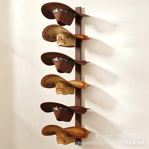 Solid Wood Wall Mounted Cowboy Hat Rack Multi Layer Storage Display <b>Home</b> Decoration Punch Free Installation - Product Image 2