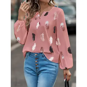 Women's Blouses 5XL Plus Large Size Summer Tops New Leisure Blouse Loose Feather Print V Neck Fashion long Sleeve Shirts