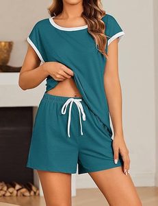 Private Label Women Color Block <b>Top</b> Shorts Set Crew Neck Drawstring Short Sleeve Casual Streetwear Outfit Heat Transfer Logo - Product Image 1