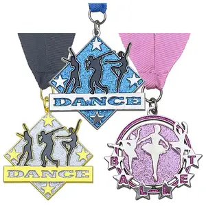 Desain kustom warna biru cetak paduan seng Enamel 2D 3D Triathlon medali penghargaan olahraga medali Gym logam dengan Logo pita