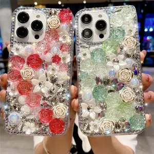 For iPhone 12 13 14 15 Pro Case Rose Flowers Pearls Rhinestones Decor PC TPU Phone Cover