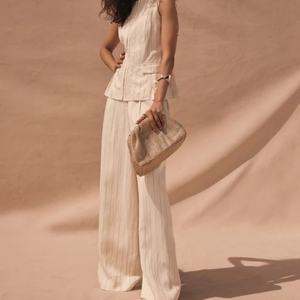 Conjunto de Lino Casual de Verano 2025 al por Mayor: Chaleco Rayado sin Mangas con Cuello en V y Botones y Pantalón de Pierna Ancha para Mujer - Product Image 3