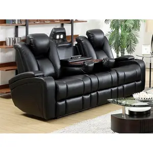 Loveseat-sofá reclinable de cuero para cine en casa, moderno diseño personalizado de tres plazas, tapizado en negro, nuevo