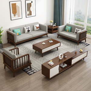 Juego de sofá modular en forma de L de madera maciza y tela para sala de estar, color madera natural, con otomana y silla - Product Image 3
