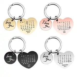 Wholesale personalized date record designer calendar cute logo metal key chain ring accessories custom keychain heart shape