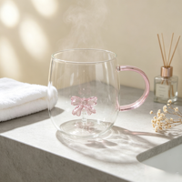 Mug en verre borosilicate fait main avec nœud rose 3D à l'intérieur, tasse à café ou à thé en verre transparent avec poignée rose, tasse à boire esthétique et mignonne