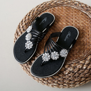 Chanclas planas con flores de diamantes de imitación para mujer, con tiras metálicas, fáciles de poner, para verano, playa, informales. - Product Image 5