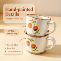 Mug en grès rustique vintage de 12 oz, peint à la main, motif fruits, tasse à café en céramique, compatible micro-ondes et lave-vaisselle