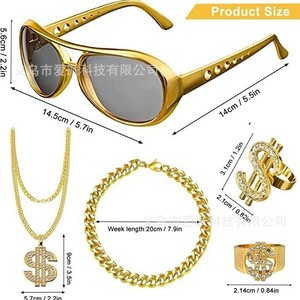 Men's Hip Hop Punk Gold Jewelry <b>Set</b> Necklace Ring <b>Bracelet</b> Glasses Party Costume Accessory Zinc Alloy Letter Design - Product Image 4