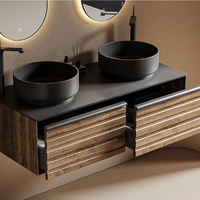 Ensemble de meuble-lavabo mural moderne en bois massif texturé, personnalisé, avec lavabo intégré et miroir LED, pour projets d'appartements et d'hôtels