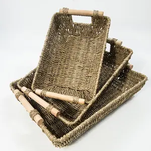 Huangtu 3 Pack Woven Seagrass Rattan Storage Baskets with Wooden Handles Nesting Wicker Basket Organizing Bins for for Cabinet