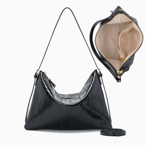Sac à bandoulière en cuir verni noir, sac hobo en forme de croissant, sac à main à fermeture éclair pour les trajets quotidiens - Product Image 2