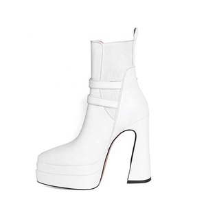 Double Platform Pointed Toe Women Fancy Short <b>Boots</b> Metal Buckles Chunky Heels Shoes Booties Custom Logo Available - Product Image 2