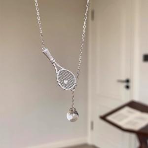 Unique Design Silver Plated Tennis Racket Pendant Necklace with Crystal Ball Cubic Zirconia Tennis Racket Charm Necklace - Product Image 1