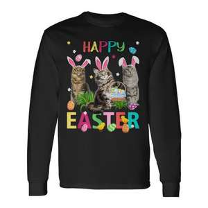 Camiseta de manga larga con estampado de tres gatos Maine Coon con orejas de conejo, diseño de Feliz Día de Pascua - Product Image 1
