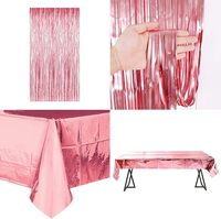 Décoration de fête d'anniversaire rose, ensemble de ballons en feuille, bannière, rideaux à franges or rose, nappe en Mylar brillante, confettis, table à manger