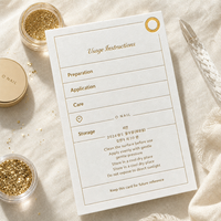 Cartes d'instructions d'utilisation personnalisées imprimées en couleur crème avec bordure dorée et étapes d'entretien pour les marques de produits pour les ongles et de beauté