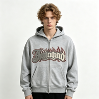 Hoodie Zip Up Acid Wash Flame Gothic Abu-abu Distressed Jiiioood Grafis Katun Tebal Pria Vintage Wash Streetwear Atasan