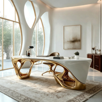Escritorio Ejecutivo Moderno de Lujo de Fibra de Vidrio con Superficie Blanca Brillante y Base Escultural Hueca Dorada para Uso en el Hogar, Estudio u Oficina