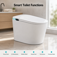 WC intelligent allongé avec siphon en P inclus, couvercle automatique, eau chaude instantanée, lavage, pression d'eau réglable, siège chauffant, désodorisant