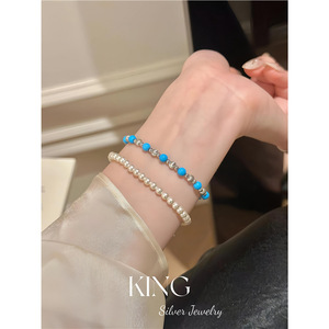 King Silver Jewelry Turquoise Bead Necklace <b>Bracelet</b> Set Women's Everyday Wear S925 Sterling Silver Geometric Round <b>Ball</b> Design - Product Image 3