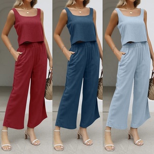 OEM Summer Solid Two Piece <strong>Sets</strong> Casual Sleeveless <strong>Square</strong> Collar Shirt and Loose Straight Pants Suits Women Cotton Linen <strong>Set</strong> - Product Image 2