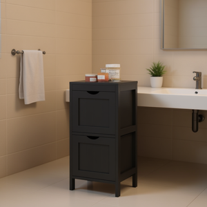 Freestanding 2-<b>Drawer</b> Storage Cabinet <b>Black</b> Wood <b>Bathroom</b> Organizer Rectangular Minimalist Design - Product Image 2