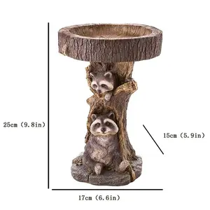 Garden Yard Estátua Ornamento Simulação guaxinim Outdoor Decoração Resina Dog Bird Bath Estátua em pé para Bird Feeders