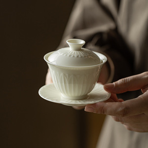 Juego de Té Kung Fu Guanlan de Cerámica Esmaltada Blanca con Diseño de Pétalos de Loto, Gaiwan de 3 Piezas, Taza con Tapa, Gran Capacidad, para el Hogar - Product Image 2