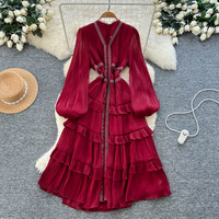 Robe longue élégante à col en V, à manches lanternes, à volants superposés, avec patchwork de dentelle et de strass pour femmes, printemps