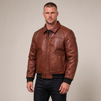 Blouson aviateur vintage marron en cuir véritable pour homme, col rabattable, poignets côtelés, logo personnalisé, vente en gros d'usine, manteau en cuir d'extérieur
