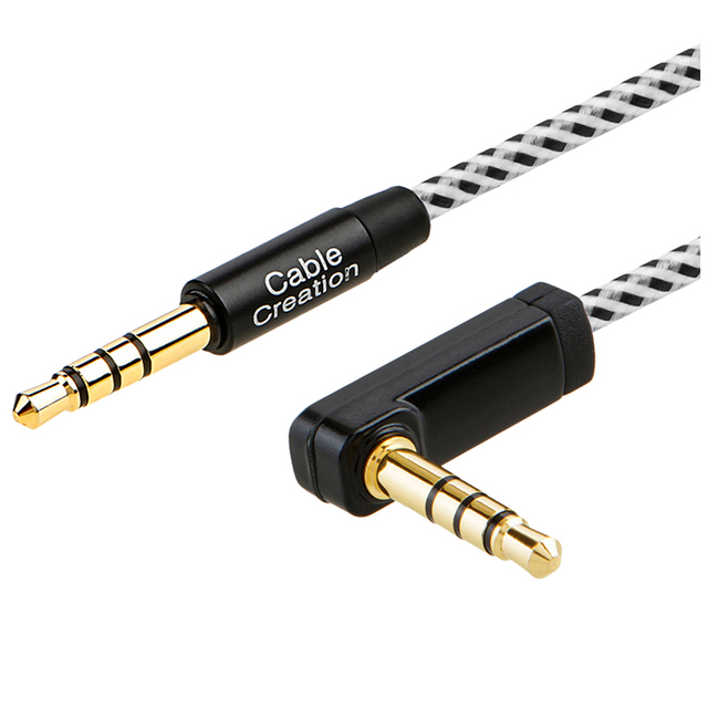 3.0mm TRS Stereo TRRS Jack Male to Male Gold-Plated Connector Audio Aux Cable Right Angle 4-Pole for Car Computer Speaker Stock