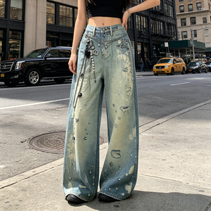 <span class=keywords><strong>Pantaloni</strong></span> da <span class=keywords><strong>donna</strong></span> in denim lavato con logo personalizzato, decorazioni spray, jeans oversize a gamba larga, stile streetwear, OEM/ODM - Product Image 3