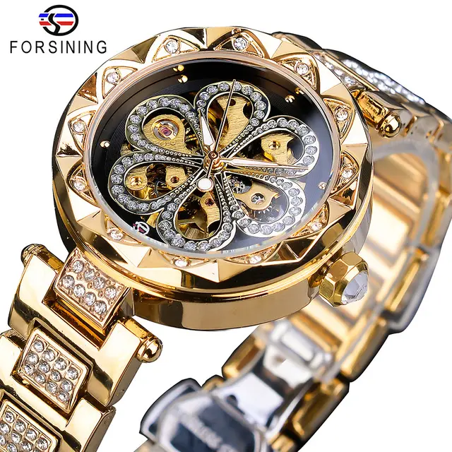 Forsining Mechanical Womens Watches Top Brand Luxury Ladies Diamond Female Watches Diamond Golden Mesh Creative Dial Waterproof