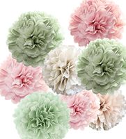 Kit de pompons en papier - Fleurs en papier rose et vert sauge pour baby shower, mariage, enterrement de vie de jeune fille, fête d'anniversaire