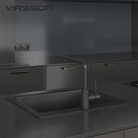 Meubles de cuisine noirs personnalisés modulaires prêts à assembler en panneaux mélaminés écologiques avec évier en marbre blanc et robinet, pour usage commercial