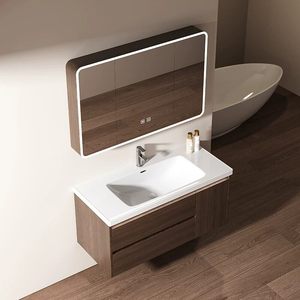 Meuble de salle de bain moderne intelligent avec vasque intégrée en céramique, combinaison noyer et vasque à poser - Product Image 3