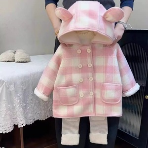 Child Star Circle Girls Plaid Wool Coat Thickening With Hood And Rabbit Ears For Autumn Winter Wear - Product Image 2