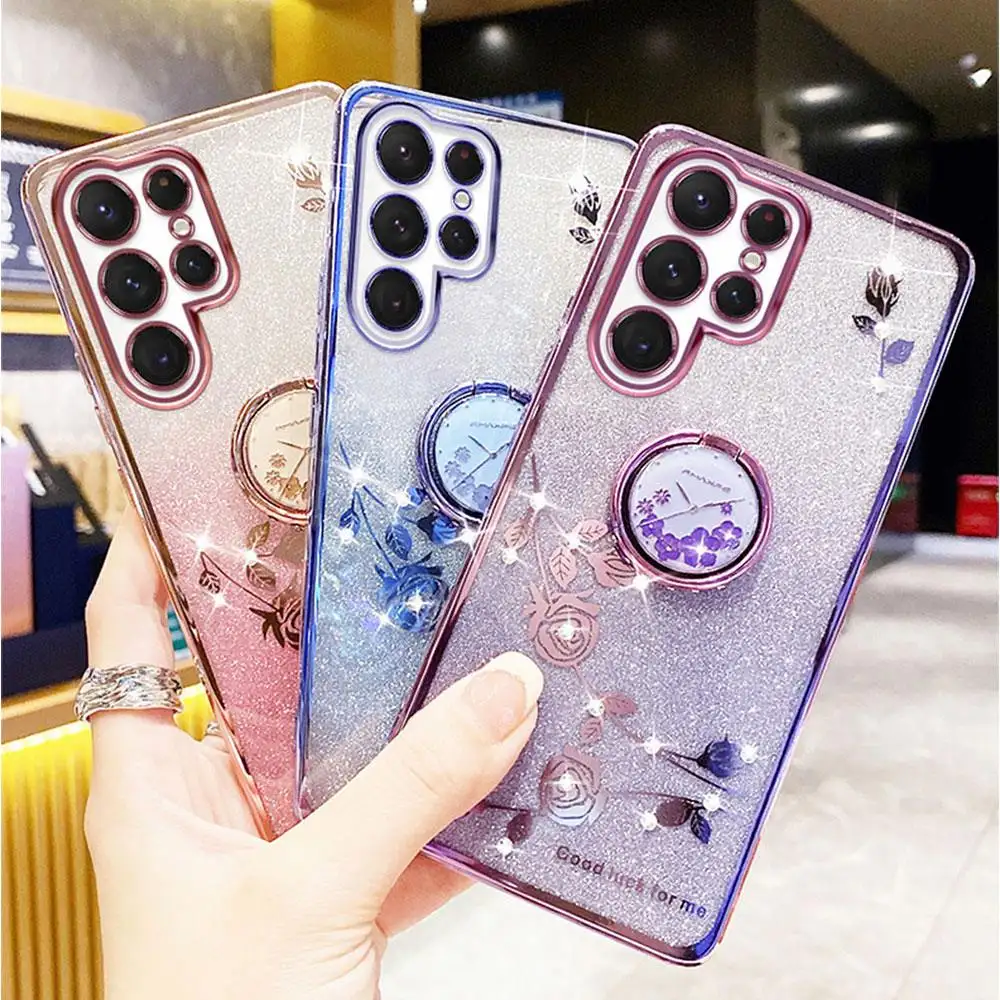 Laudtec SJK201 Flower Gradient Glitter Diamond Phone Case For Samsung Galaxy S24+ S24 Fe S23+ S23 S22 Ultra 5G